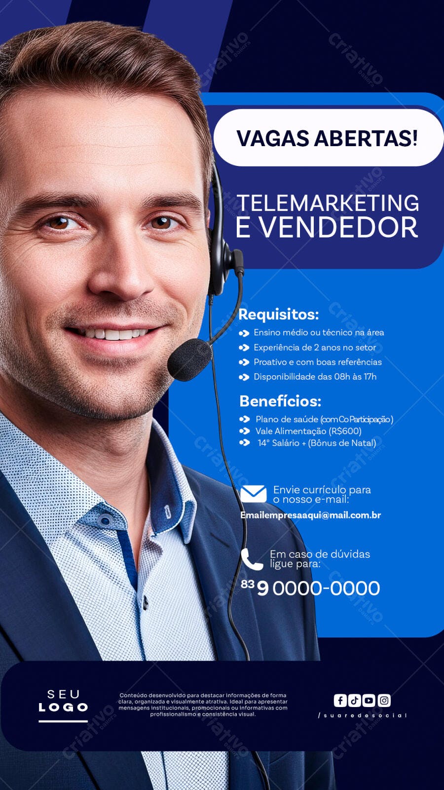 Post Vagas Abertas Telemarketing Vendedor PSD Editável