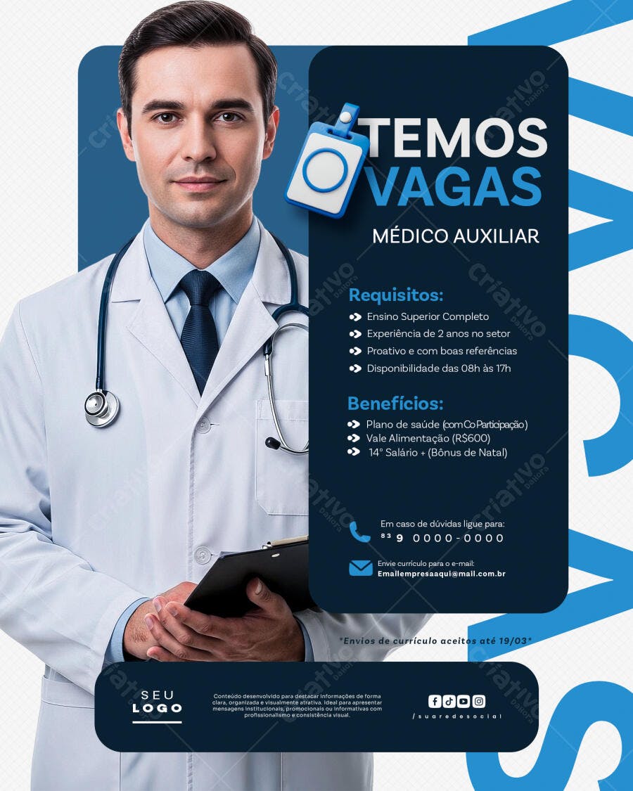 Flyer Vagas Médico Auxiliar Clínica Médica PSD Editável
