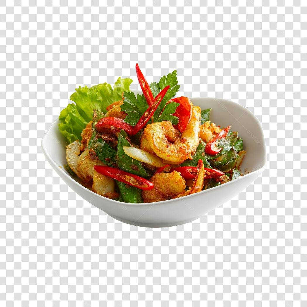 Foto Recortada Salada Camarão Pimenta Verde PNG Fundo Transparente