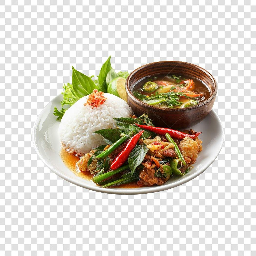 Foto Recortada Prato Comida Asiática Arroz e Molho PNG Fundo Transparente