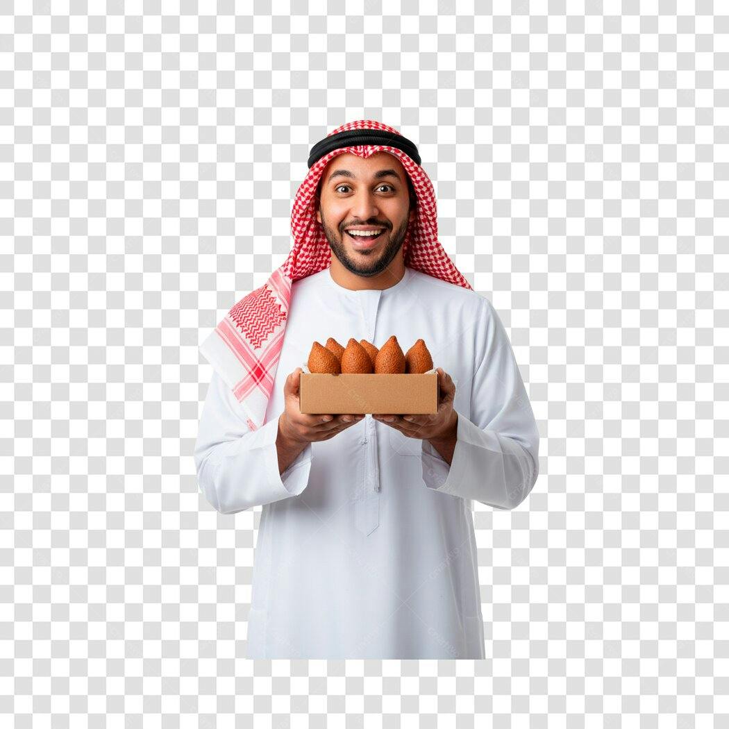 Foto Recortada Homem Árabe Sorrindo com Doces PNG Fundo Transparente