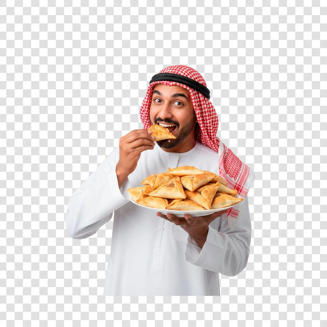 Foto Recortada Homem Árabe Comendo Salgado PNG Fundo Transparente