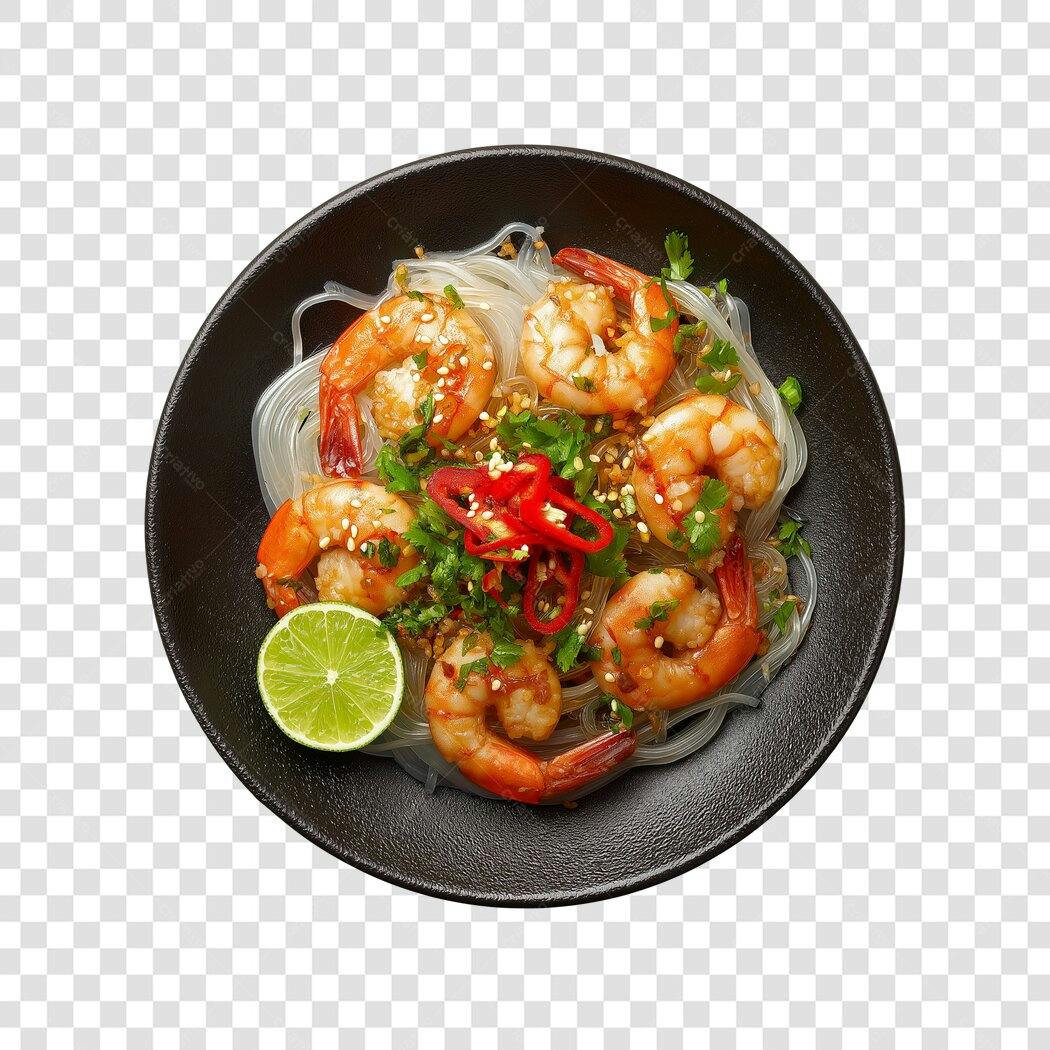 Foto Recortada Camarão com Macarrão Oriental PNG Fundo Transparente
