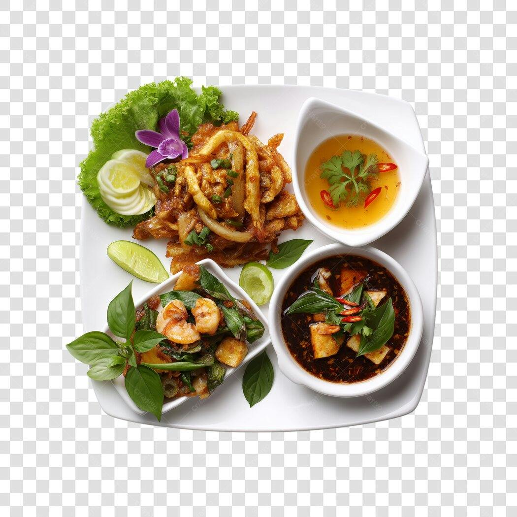 Foto Recortada Comida Asiática Prato Completo PNG Fundo Transparente