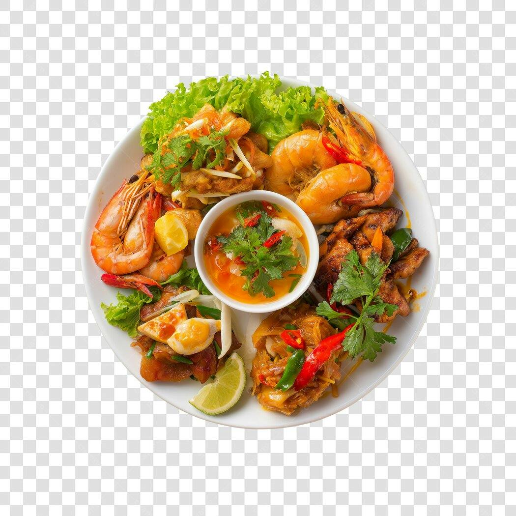 Foto Recortada Prato de Camarão com Salada PNG Fundo Transparente