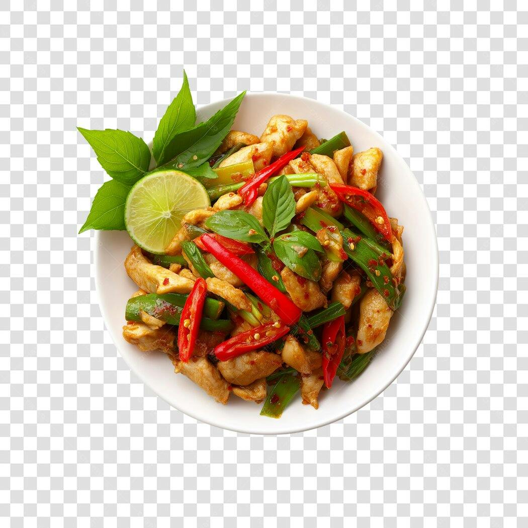 Foto Recortada Frango Salteado Limão Folhas Verdes PNG Fundo Transparente