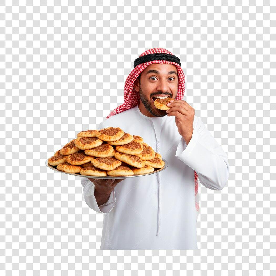 Foto Recortada Homem Árabe Comendo Esfiha PNG Fundo Transparente