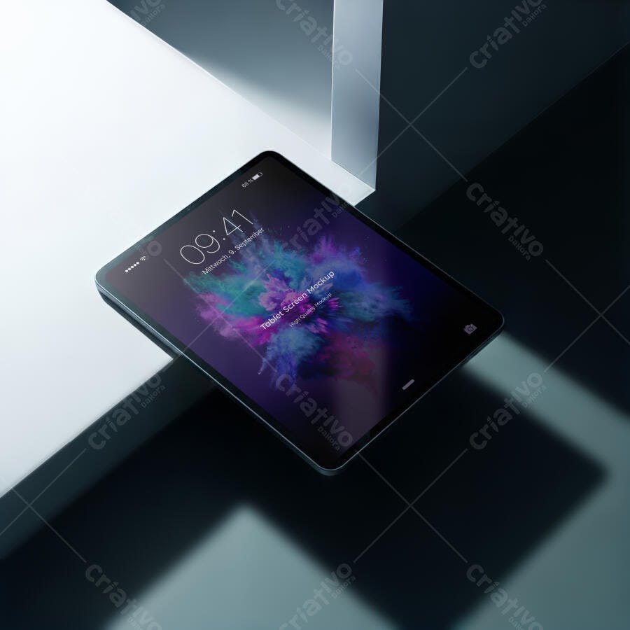 Mockup Tablet Preto Tela Deitada Fundo Escuro Editável