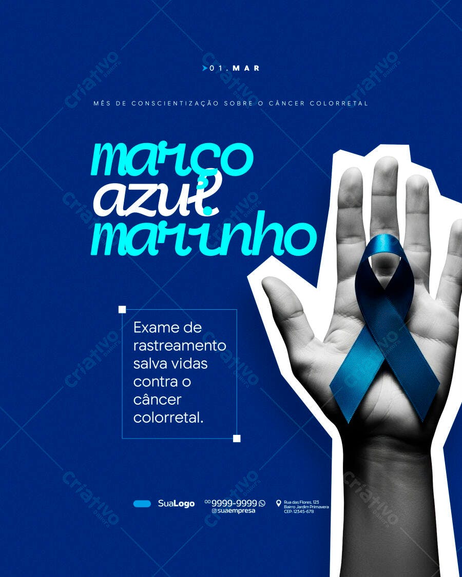 Post Março Azul Marinho Conscientização Câncer Colorretal PSD Editável