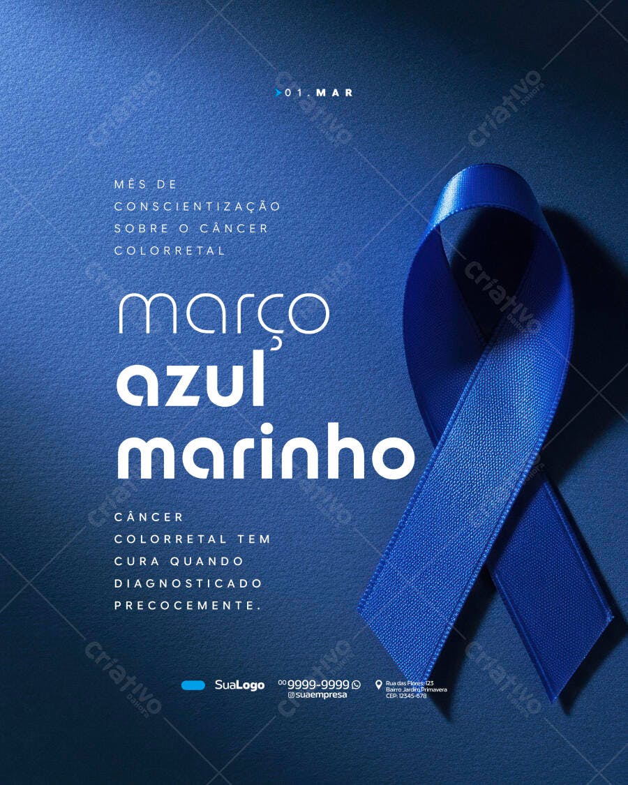 Post Março Azul Marinho Conscientização Câncer Colorretal PSD Editável