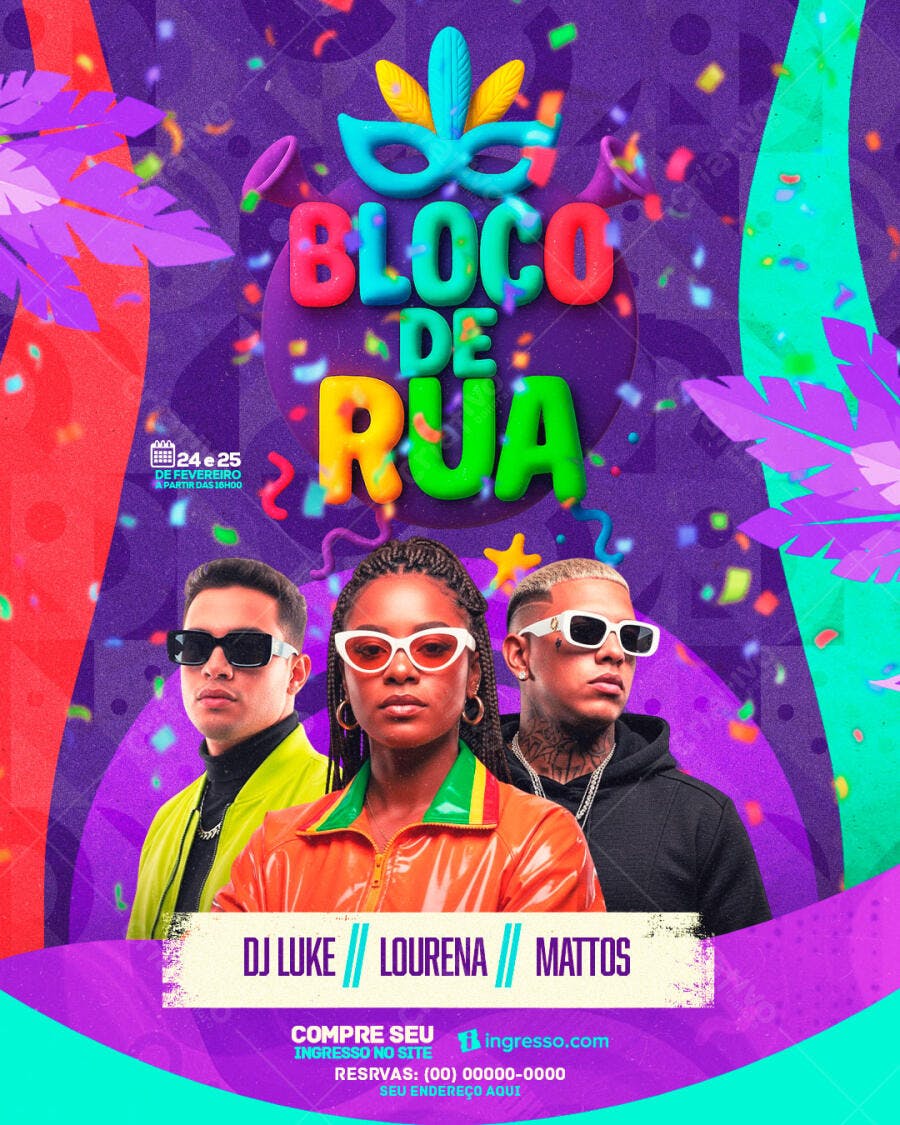 Flyer Carnaval Bloco de Rua Fevereiro PSD Editável