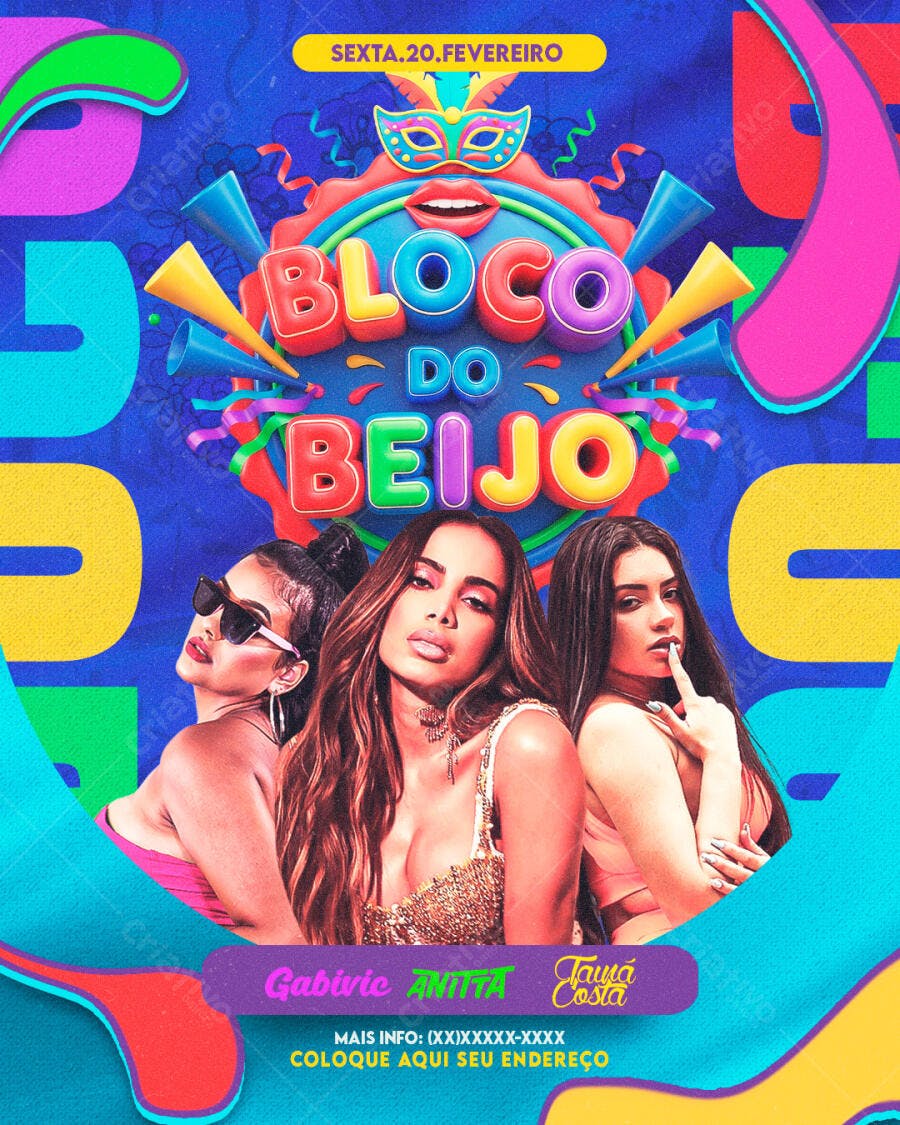 Flyer Bloco do Beijo Carnaval Fevereiro PSD Editável