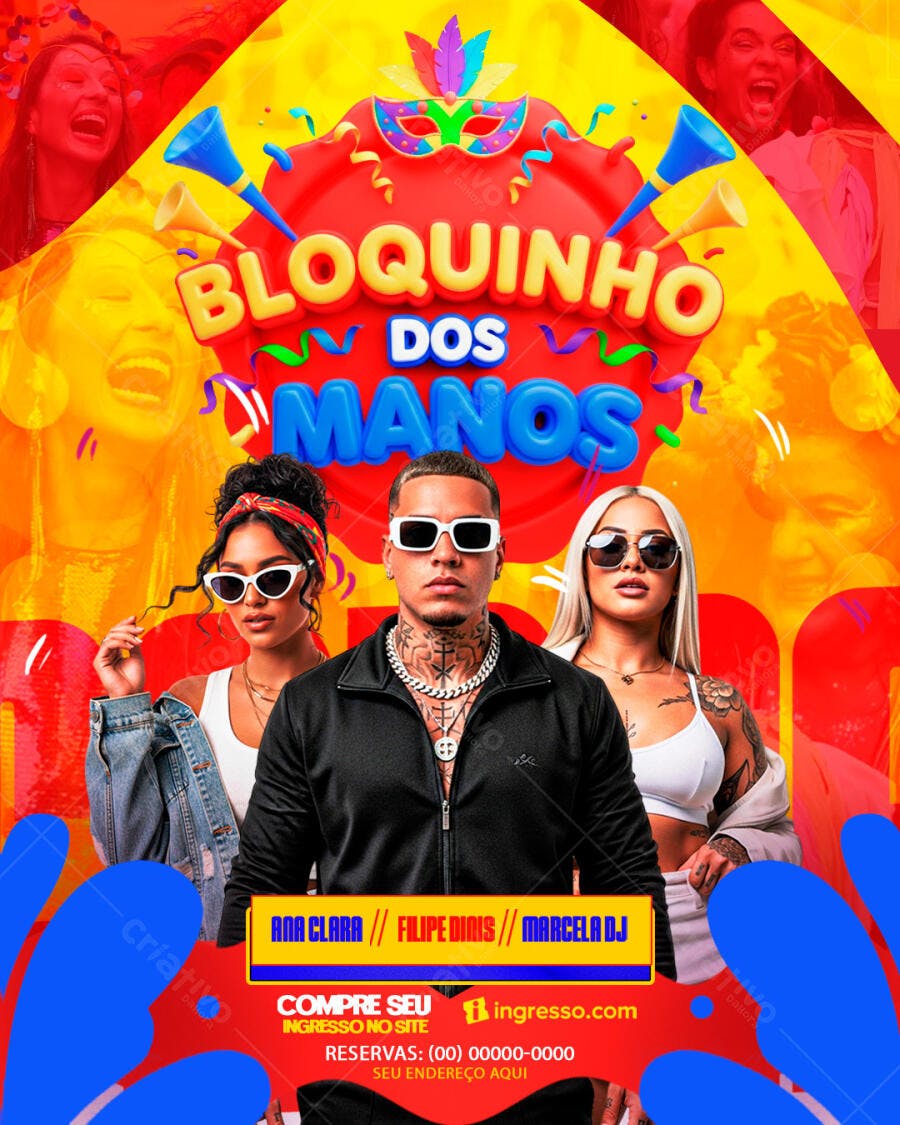 Flyer Carnaval Bloquinho dos Manos PSD Editável