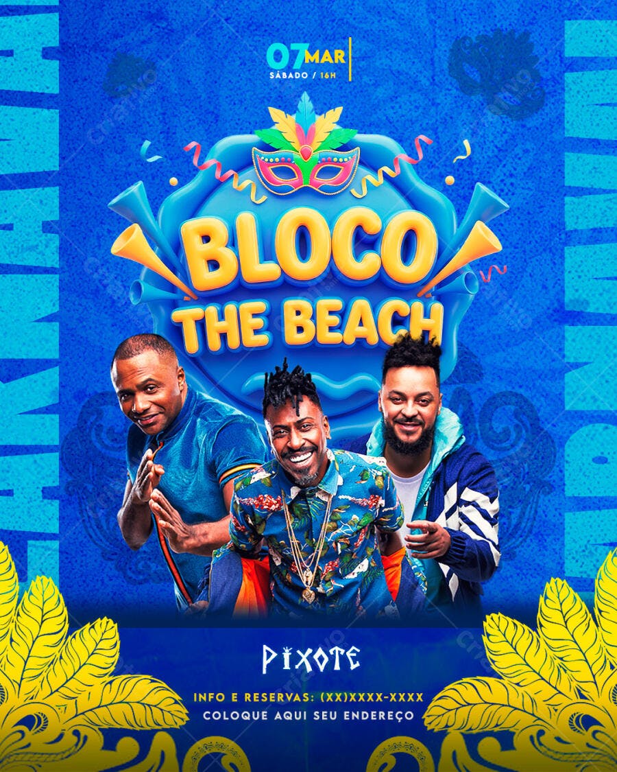 Flyer Carnaval Bloco The Beach Março PSD Editável