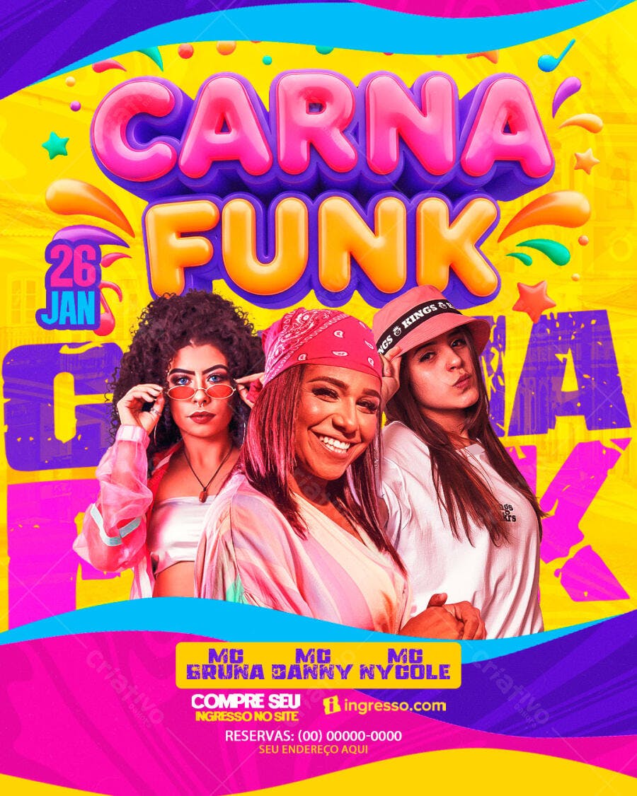 Flyer Pré-Carnaval Carna Funk 26 de Janeiro PSD Editável