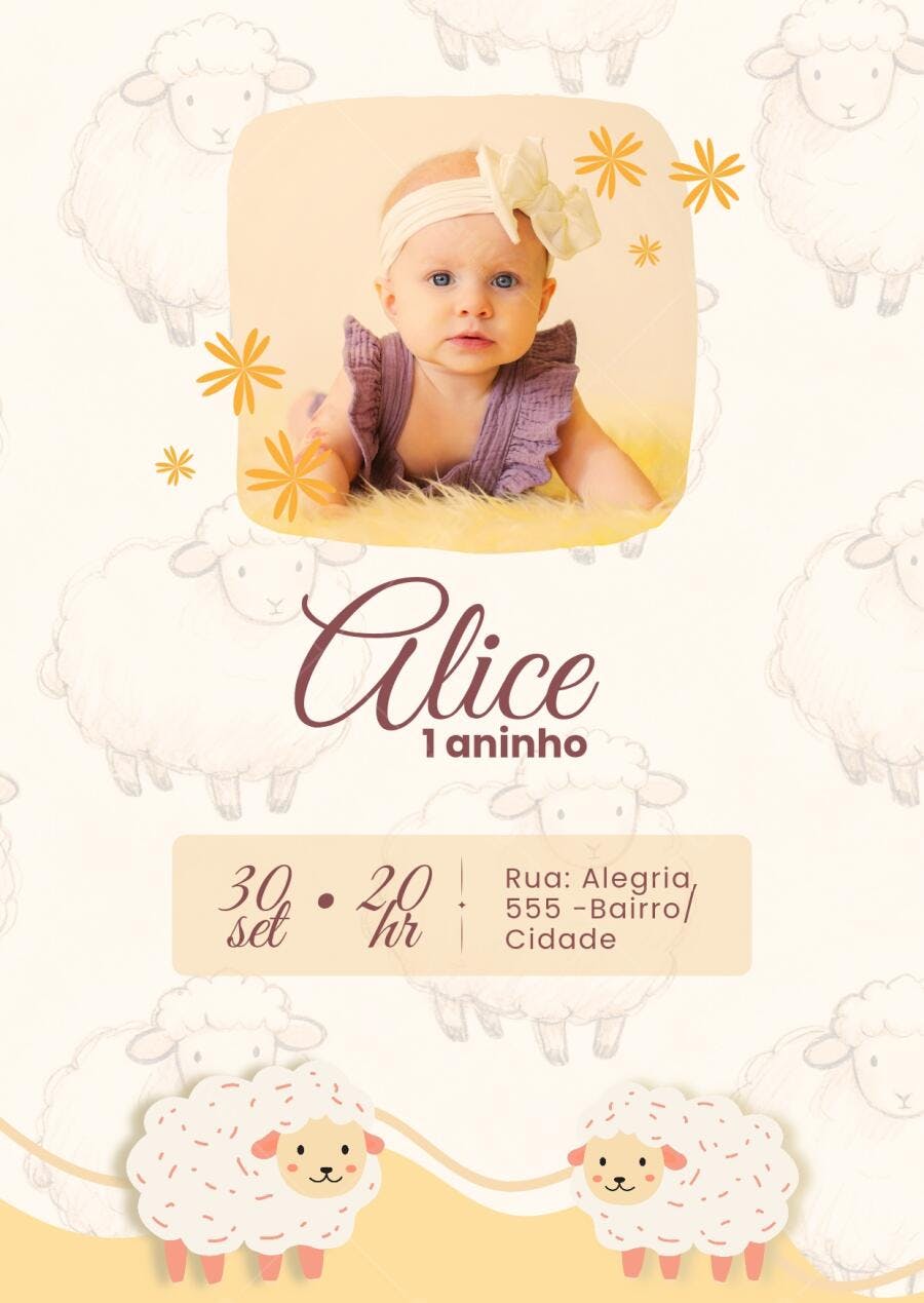 Convite Aniversário Ovelhinha 1 Aninho Editável