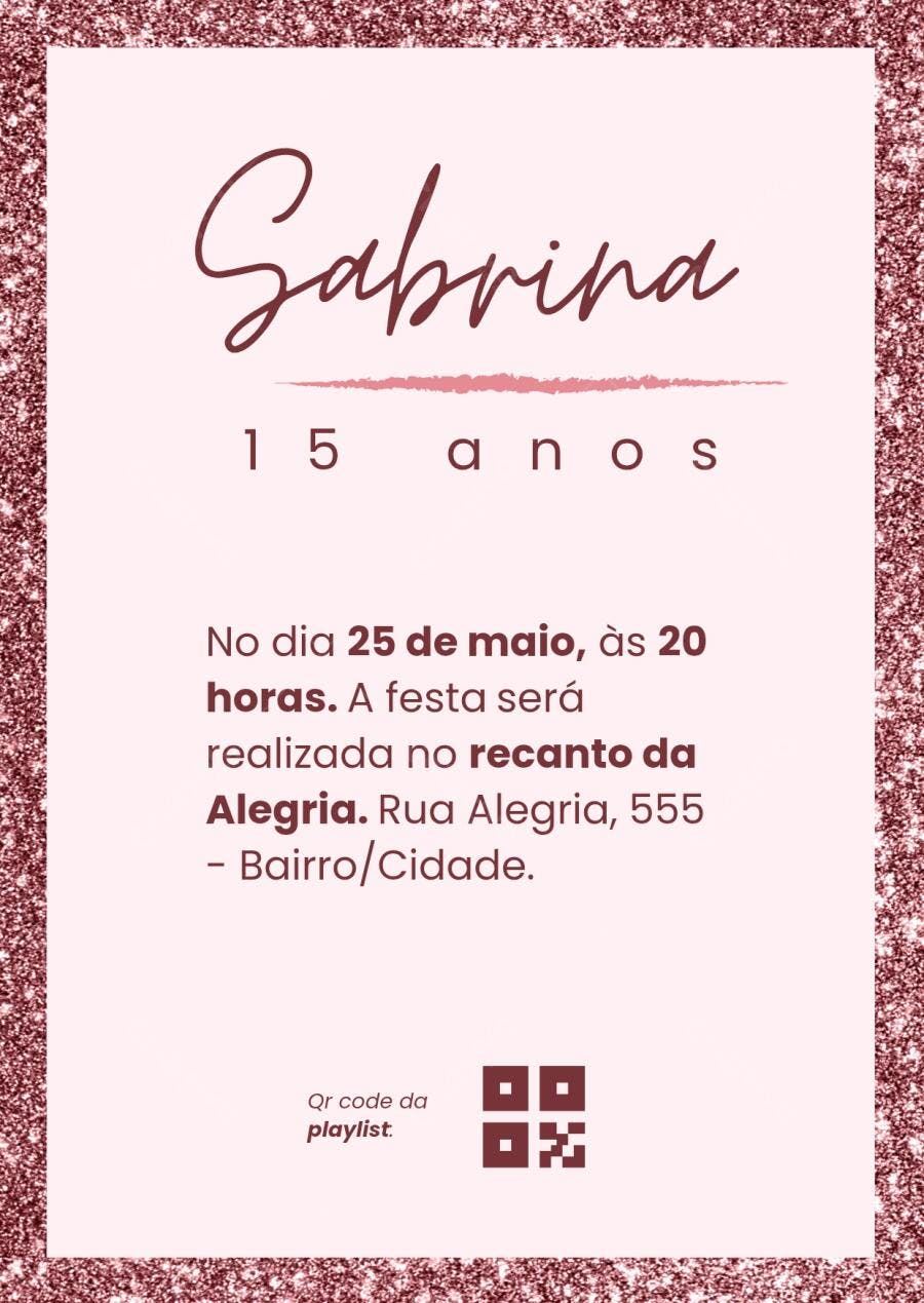 Convite Debutante 15 Anos Glitter Rosa Editável