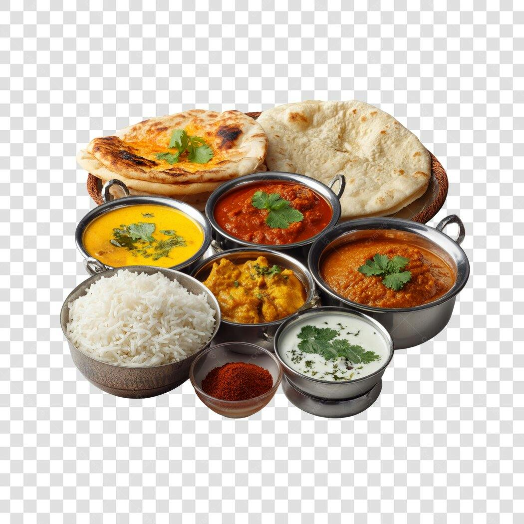 Foto Recortada Comida Indiana Curry Arroz Pão PNG Fundo Transparente