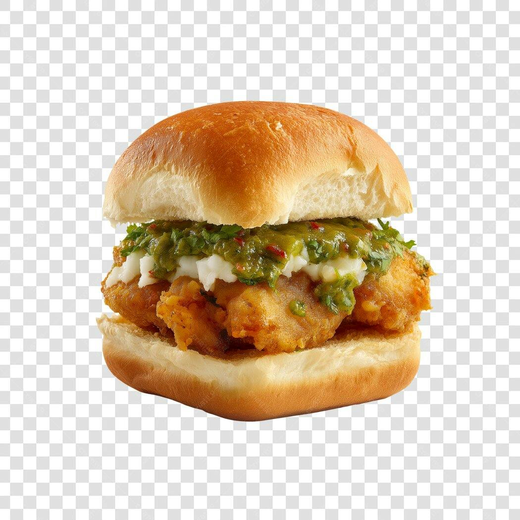 Foto Recortada Hambúrguer Frango Crocante Molho Verde PNG Fundo Transparente
