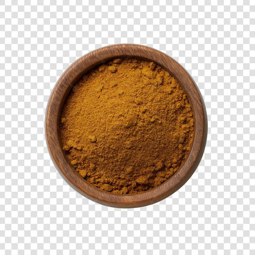Foto Recortada Tempero Curry em Tigela Madeira PNG Fundo Transparente