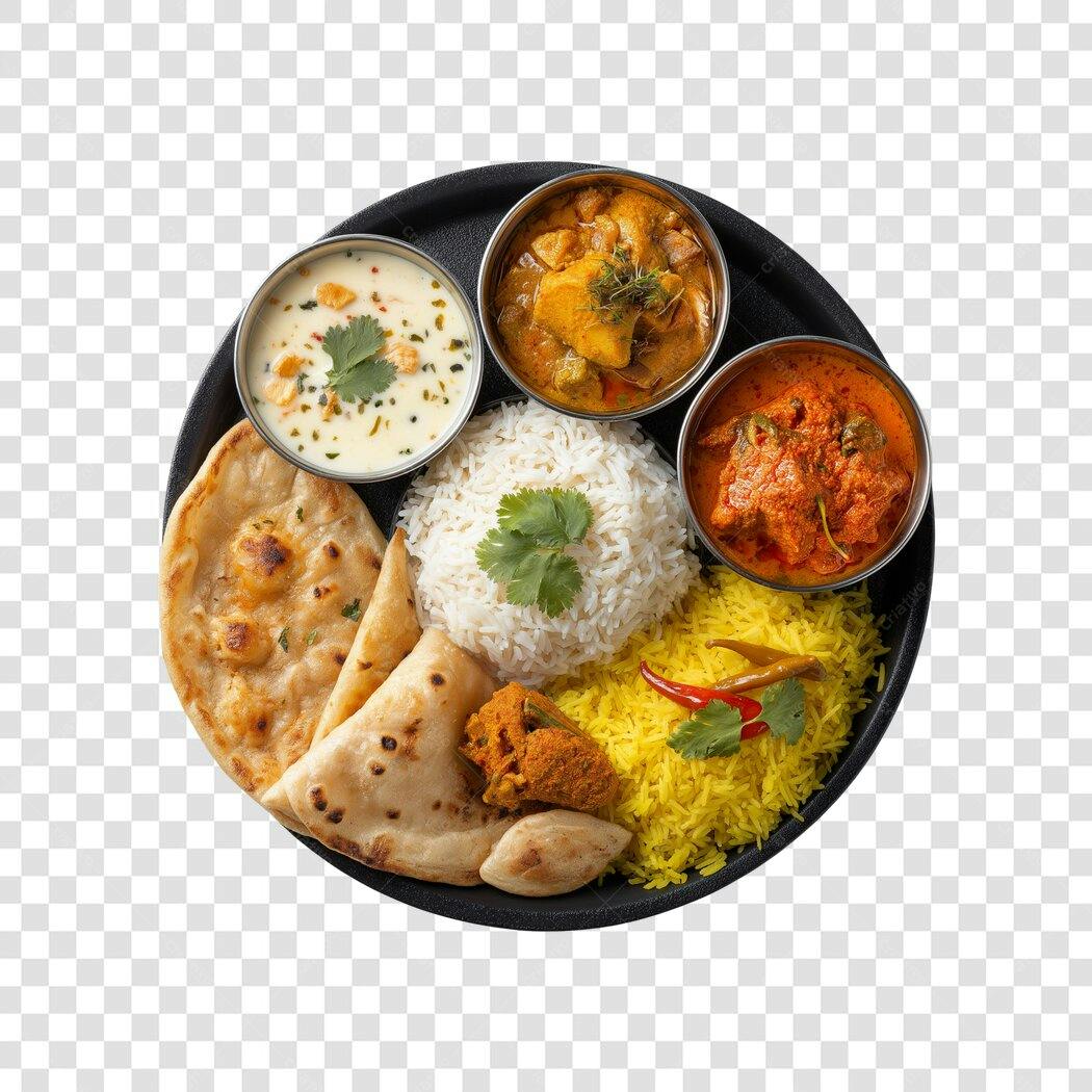Foto Recortada Comida Indiana Thali Prato PNG Fundo Transparente