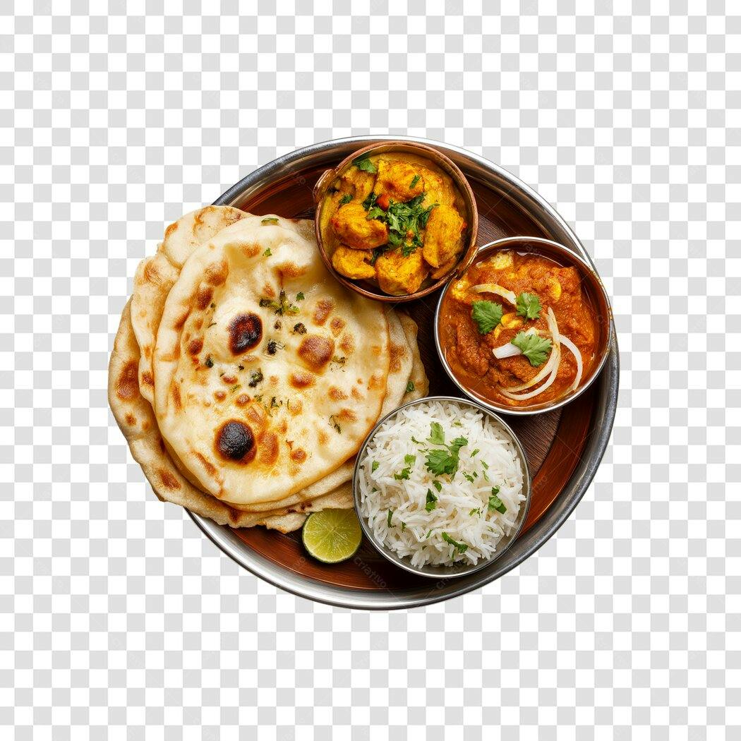 Foto Recortada Comida Indiana Naan Curry Arroz PNG Fundo Transparente
