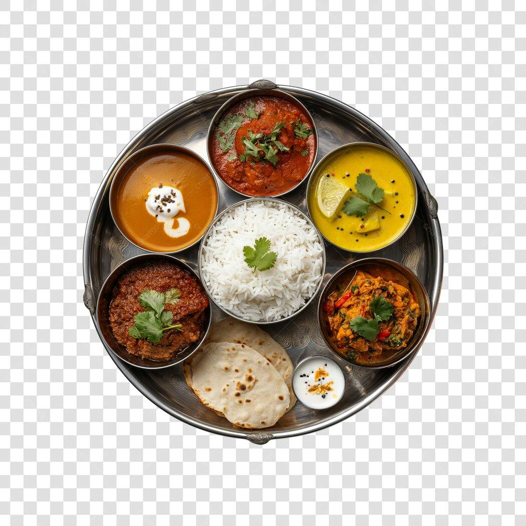 Foto Recortada Comida Indiana Thali Prato Típico PNG Fundo Transparente