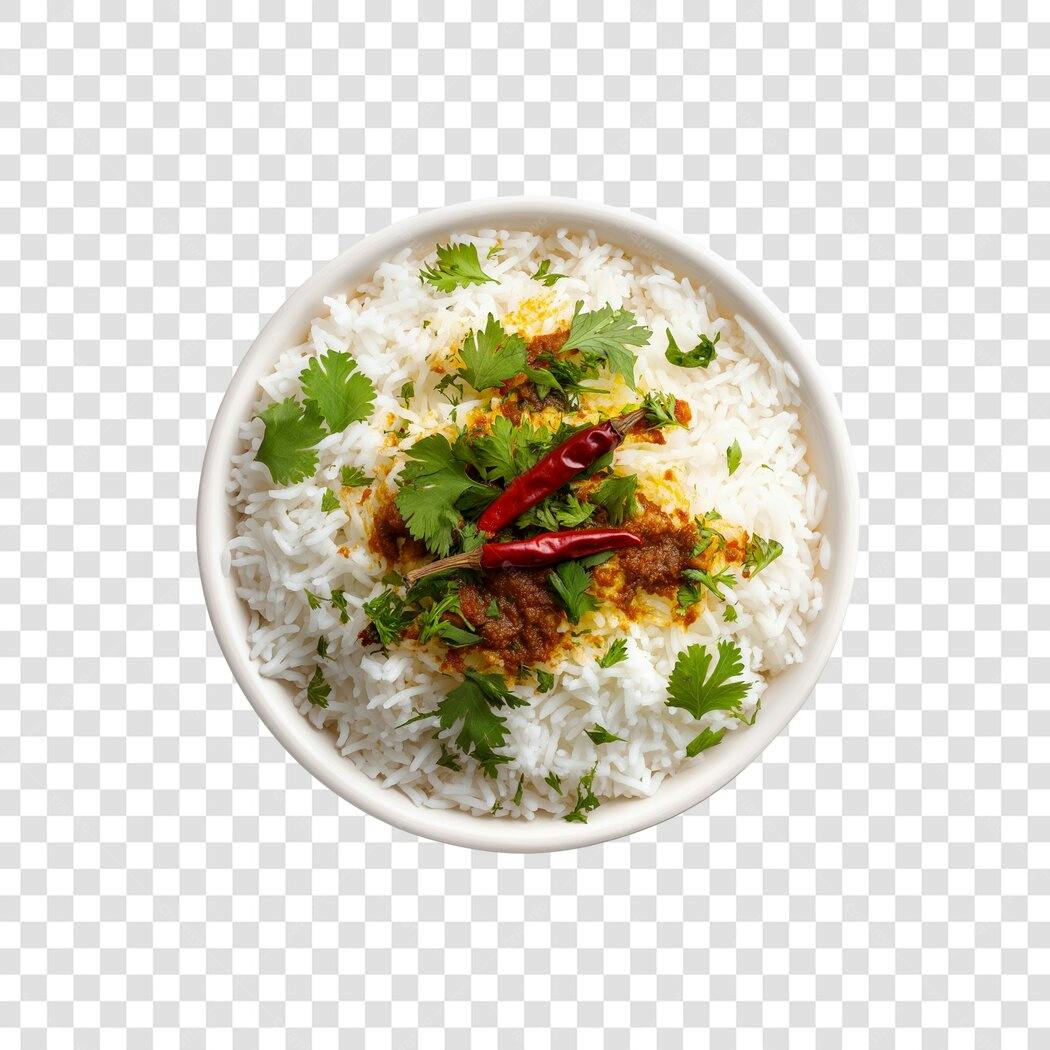 Foto Recortada Tigela Arroz Branco com Pimenta e Coentro PNG Fundo Transparente