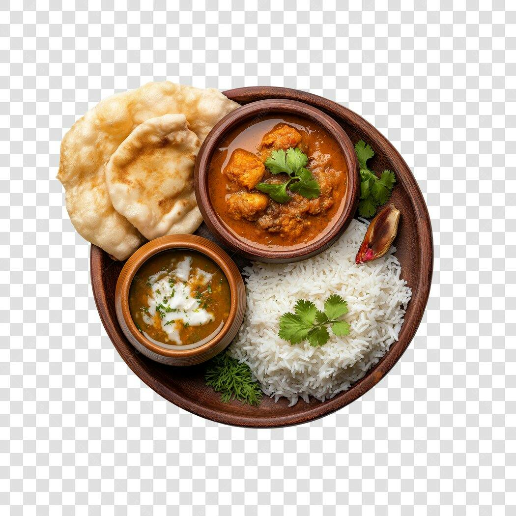 Foto Recortada Comida Indiana Curry Arroz Pão PNG Fundo Transparente