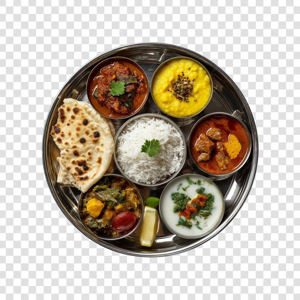 Foto Recortada Comida Indiana Thali Prato Típico PNG Fundo Transparente