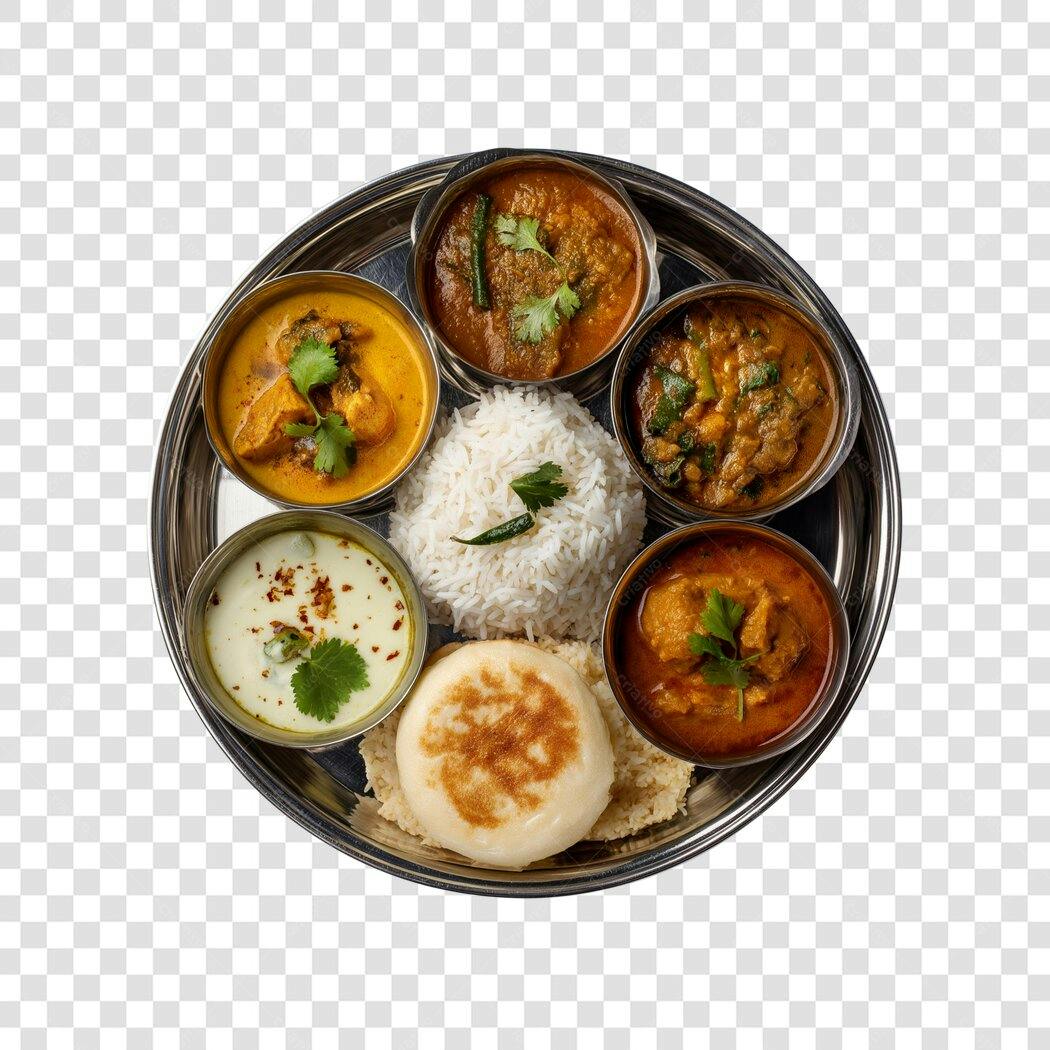 Foto Recortada Comida Indiana Thali Prato Típico PNG Fundo Transparente