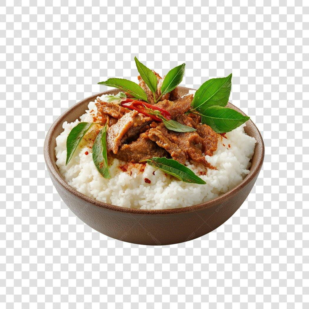 Foto Recortada Tigela Arroz Carne Folhas Verdes PNG Fundo Transparente