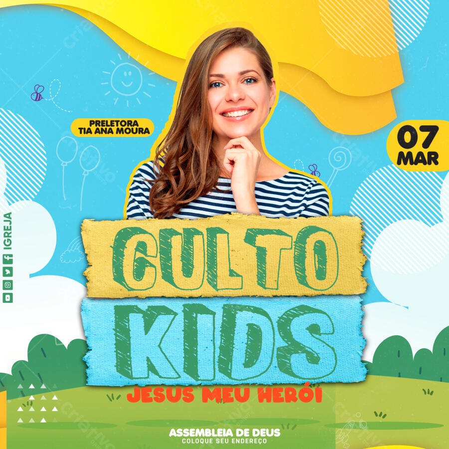 Post Instagram Culto Kids Igreja PSD Editável
