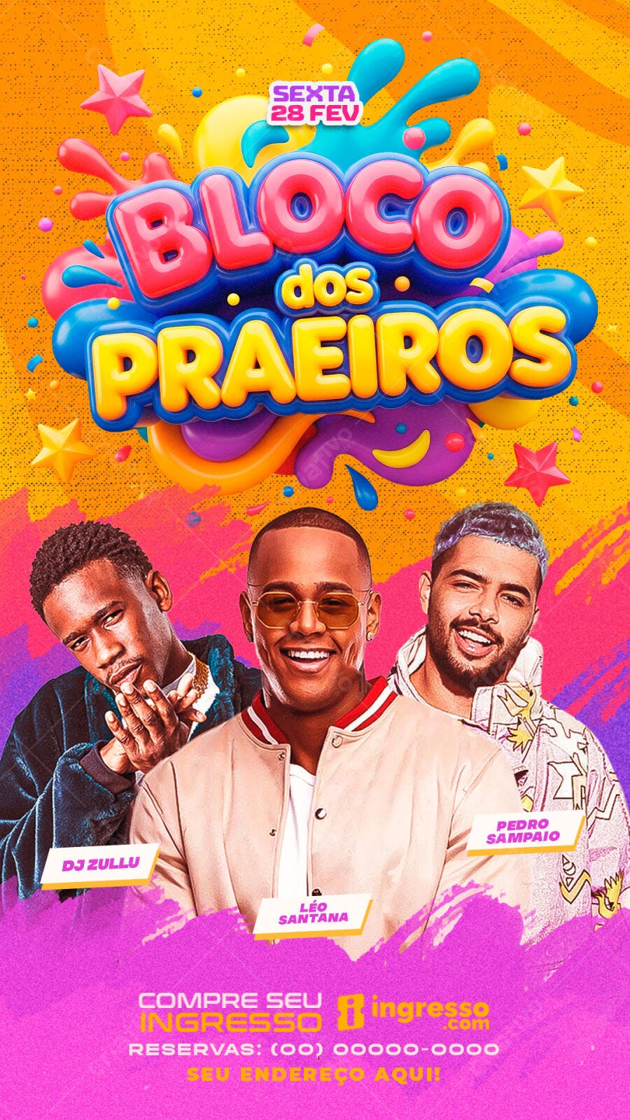Flyer Carnaval Bloco dos Praieiros Fevereiro PSD Editável