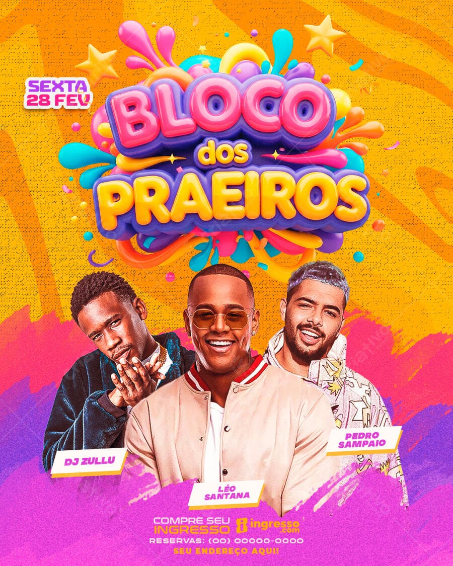 Flyer Bloco dos Praieiros Carnaval Fevereiro PSD Editável