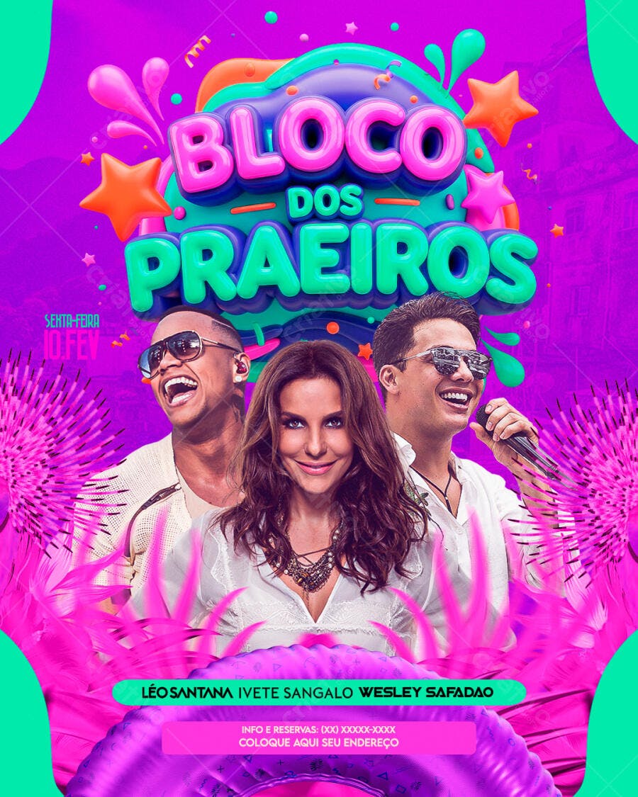 Flyer Carnaval Bloco dos Praieiros Fevereiro PSD Editável