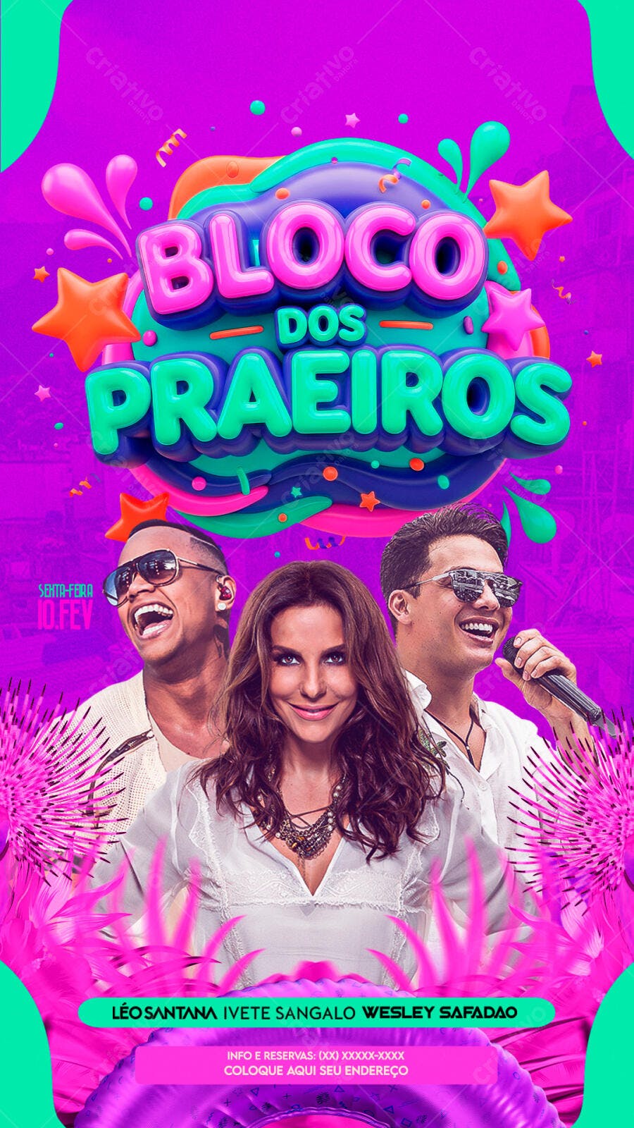 Flyer Bloco dos Praieiros Carnaval Fevereiro PSD Editável
