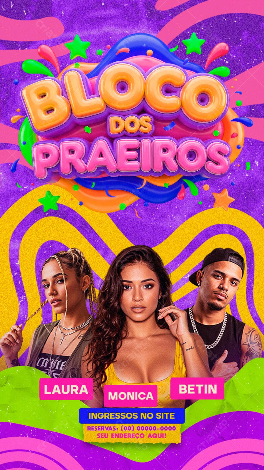 Flyer Bloco dos Praieiros Carnaval Pré-Carnaval PSD Editável