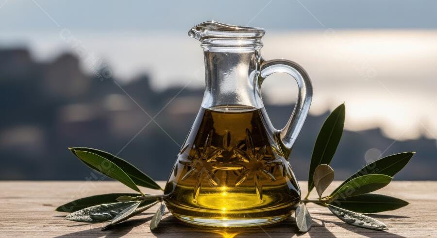 Foto Azeite de Oliva Extra Virgem Jarra Folhas Verdes