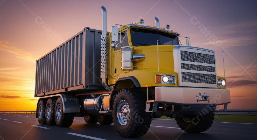 Foto Caminhão Amarelo Container Carga Pesada Rodovia Pôr do Sol