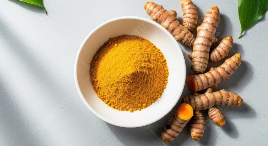 Foto Cúrcuma em Pó e Raiz Fresca Especiaria Saudável