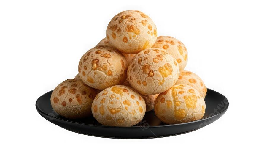 Foto Pão de Queijo Empilhado Prato Preto Fundo Branco