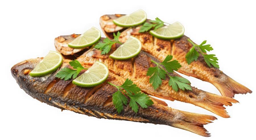 Foto Peixe Grelhado com Limão e Salsinha Fundo Branco