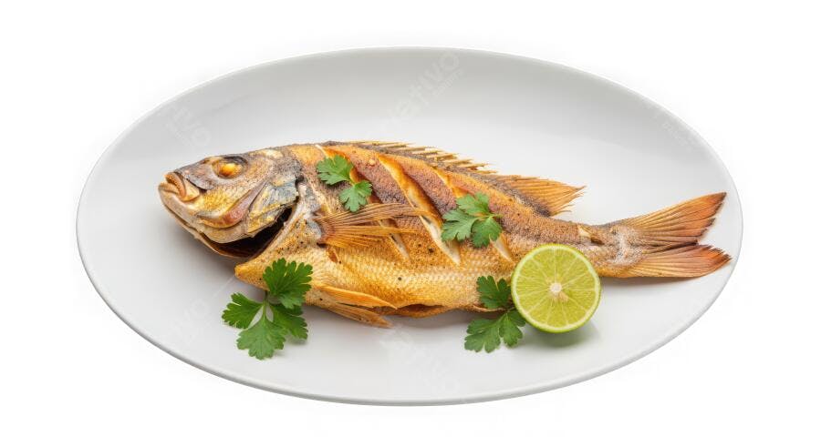 Foto Peixe Frito Inteiro com Limão e Salsinha Prato Branco