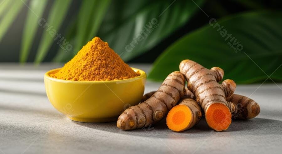 Foto Cúrcuma em Pó e Raiz Fresca Especiaria Saudável