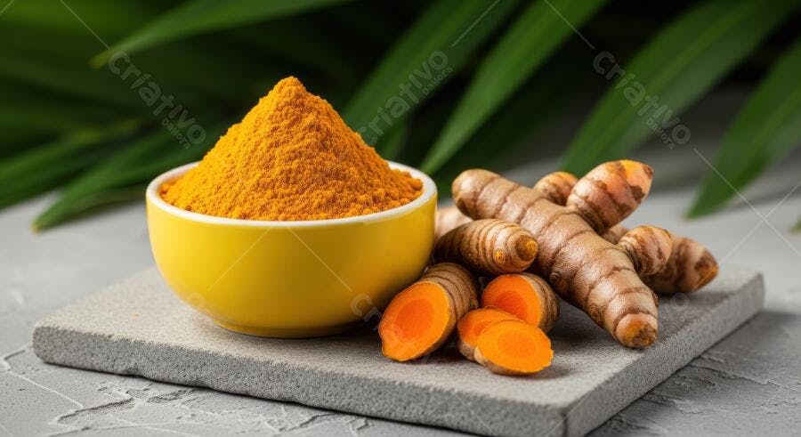 Foto Cúrcuma em Pó e Raiz Fresca Fundo Verde Natural