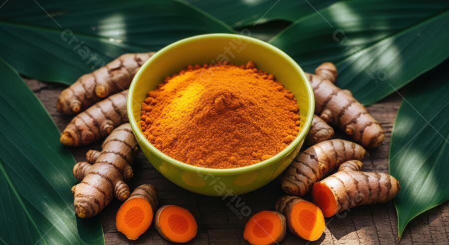 Foto Cúrcuma em Pó e Raiz Fresca Especiaria Saudável