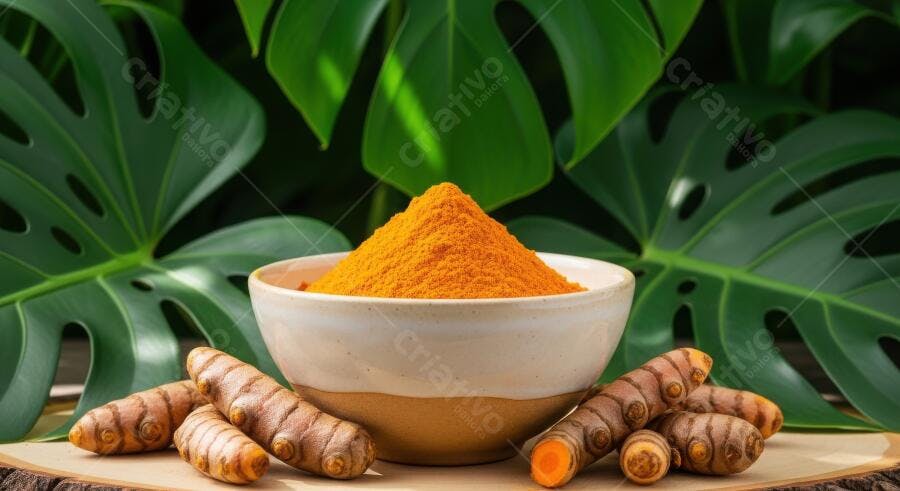 Foto Cúrcuma em Pó e Raiz Fundo Folhas Verdes Naturais