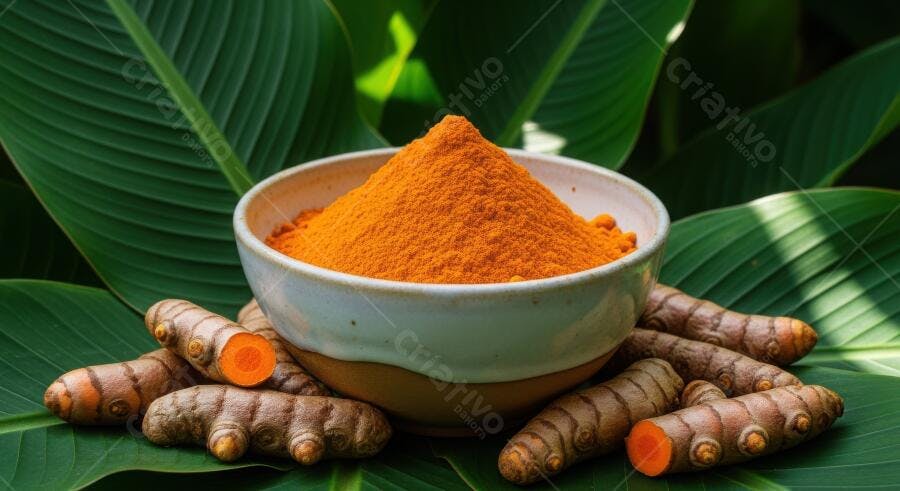 Foto Cúrcuma em Pó e Raízes Frescas Folhas Verdes Naturais