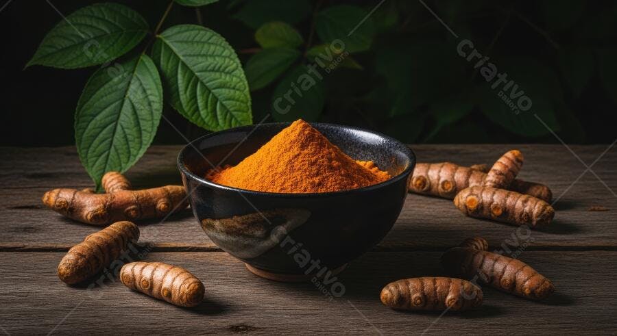 Foto Cúrcuma em Pó e Raiz Especiaria Saudável Fundo Escuro